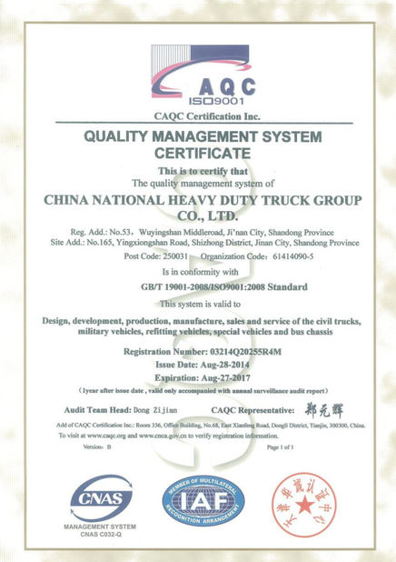 Porcellana Jinan Heavy Truck Import &amp; Export Co., Ltd. Certificazioni